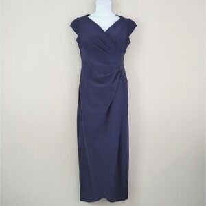 ALEX EVENINGS Size 12 Navy Ruched Beaded Full Length Scuba Knit Contour Dress